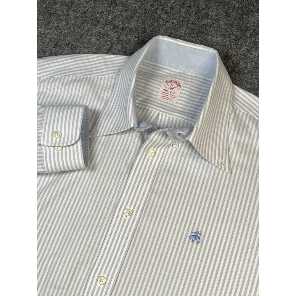 Brooks Brothers White Blue Stripe Cotton Blend Dress Shirt Stretch Preppy New